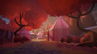Pink tents in a forest