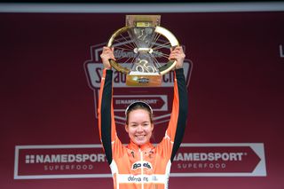 Anna van der Breggen celebrates her Strade Bianche victory