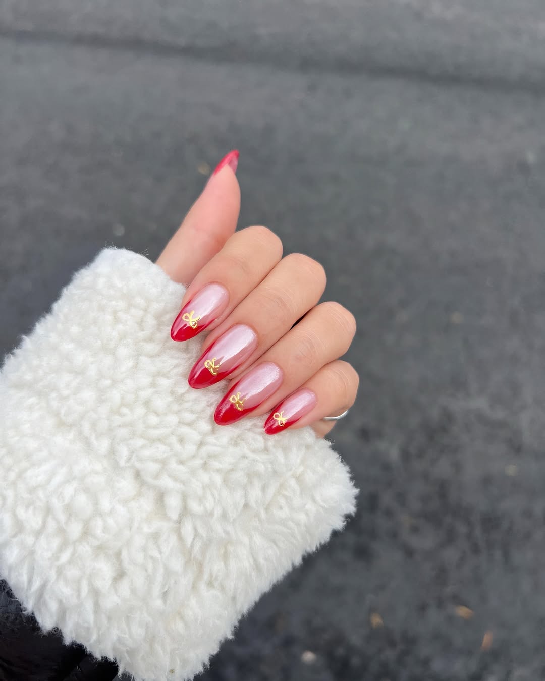 red french manicure with gold bows christmas nails
