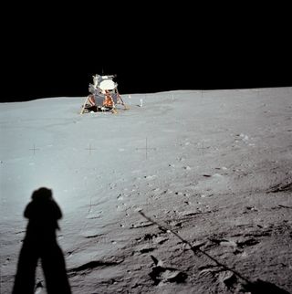 Neil Armstrong photographed his shadow on the moon after walking away from the lunar lander.