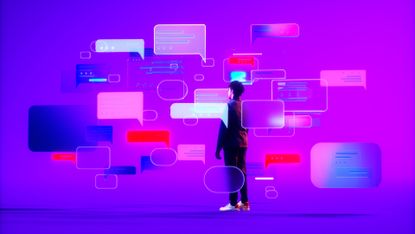 An image of a person stood in an abstract purple plane, surrounded and partially obscured by multiple floating chat boxes, representing AI chats and 'vibe working'.