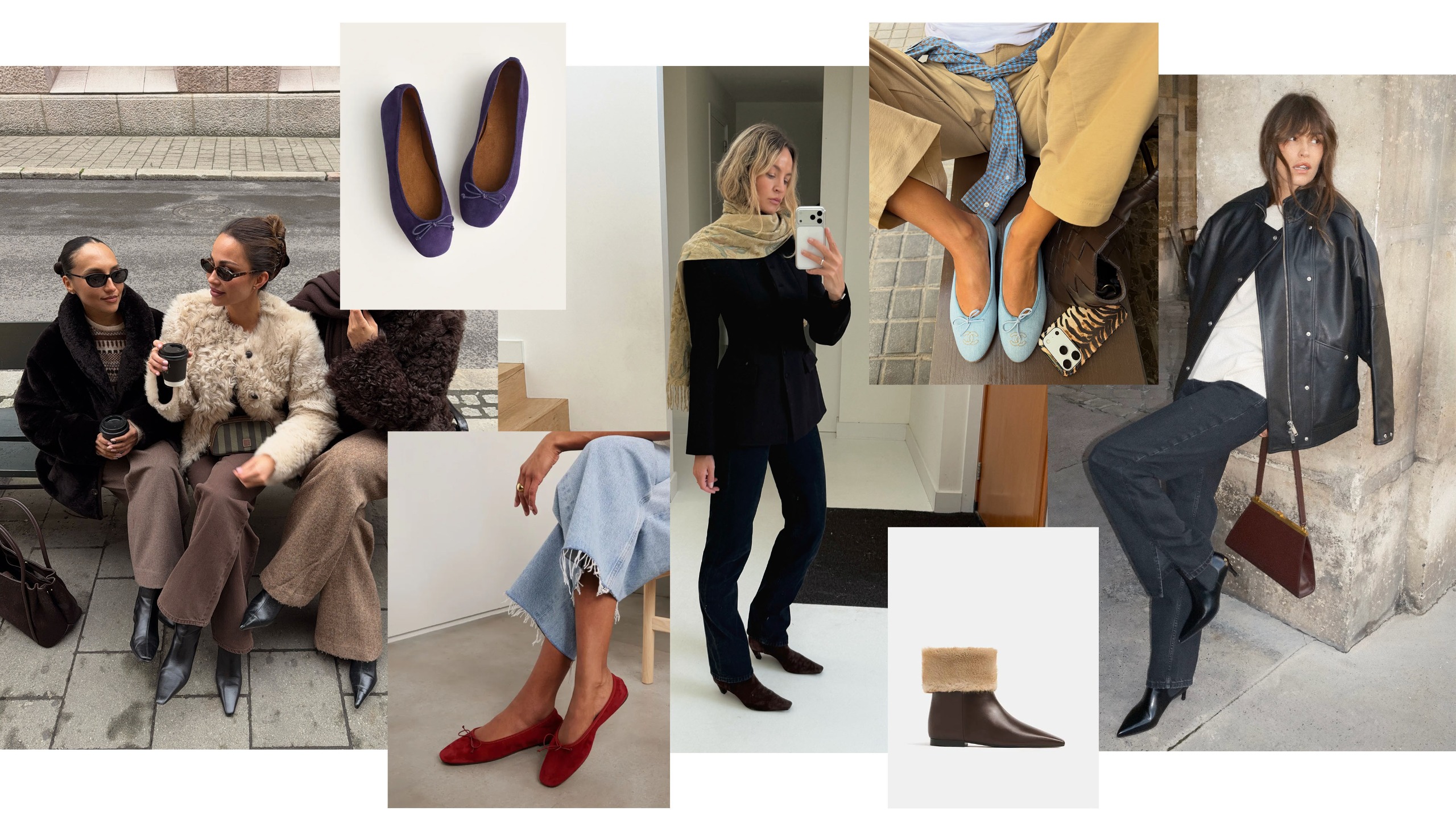 Collage of women wearing ballet flats and boots.