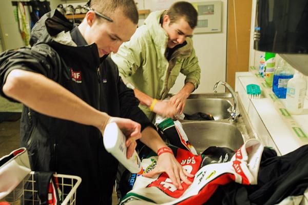 Campers Zane and Yannick washing cycling kit.