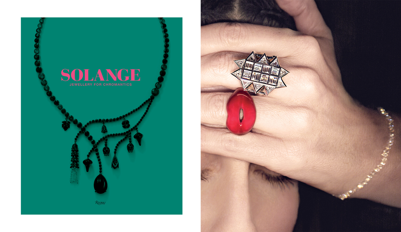 Cover of the Rizzoli book &#039;Solange: Jewellery for Chromatics&#039;; model wears Solange Hotlips ring and other diamond jewels