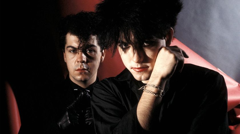 Lol Tolhurst and Robert Smith of The Cure, posed, studio portrait, 1983. 