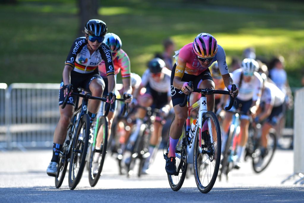 SARPSBORG NORWAY AUGUST 11 LR Liane Lippert of Germany and Team DSM and Sofia Bertizzolo of Italy and UAE Team Adq compete during the 8th Tour of Scandinavia 2022 Battle Of The North Stage 3 a 1189km stage from Moss to Sarpsborg UCIWWT tourofscandinavia TOSC22 on August 11 2022 in Sarpsborg Norway Photo by Luc ClaessenGetty Images