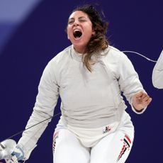 Nada Hafez of Team Egypt celebrates her victory against Elizabeth Tartakovsky of Team United States