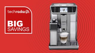 De'Longhi espresso machine on red background with white text reading 'TechRadar big savings'