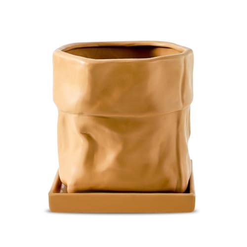 Nihow 6 Inch Ceramic Plant Pot With Drainage &amp;amp; Square Saucer, Terracotta