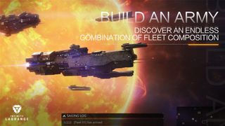 An image of several space battleships flying in front of the sun, going from right to left. Text over this reads, “Build an army. Discover an endless combination of fleet composition.”