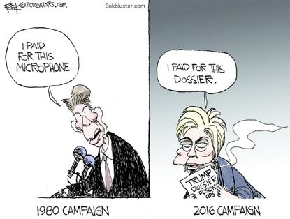 Political cartoon U.S. Ronald Reagan Clinton dossier