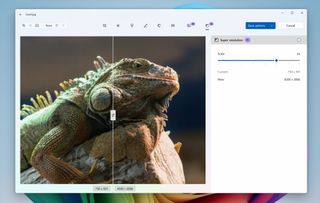 Super resolution feature in Windows 11 Photos app upscaling an image using AI.