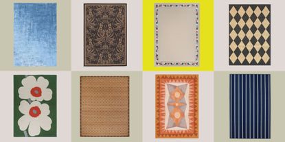 The best outdoor rugs of 22025, including floral, ombre, and checkered styles, pictured against a colorful background.