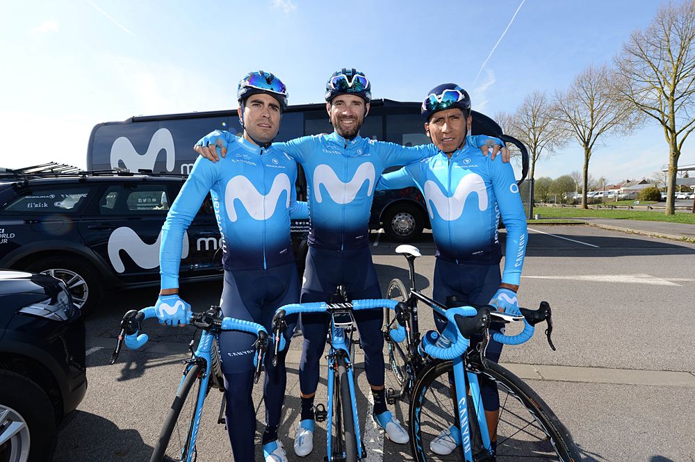 Alejandro Valverde, Nairo Quintana and Mikel Landa - Movistar training on the Paris-Roubaix cobbles as recon for stage 9 at the Tour de France