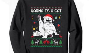 "Karma is a Cat" ugly Christmas sweater