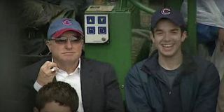 Lorne Michaels and John Mulaney at a Chicago Cubs game