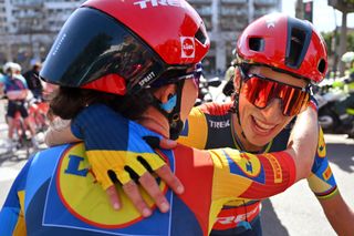 VALENCIA SPAIN FEBRUARY 18 Stage winner Elisa Balsamo of Italy and Team LidlTrek reacts after the 8th Setmana Ciclista Volta Comunitat Valenciana Feemines 2024 Stage 4 a 118km stage from Sagunt to Valencia on February 18 2024 in Valencia Spain Photo by Luc ClaessenGetty Images