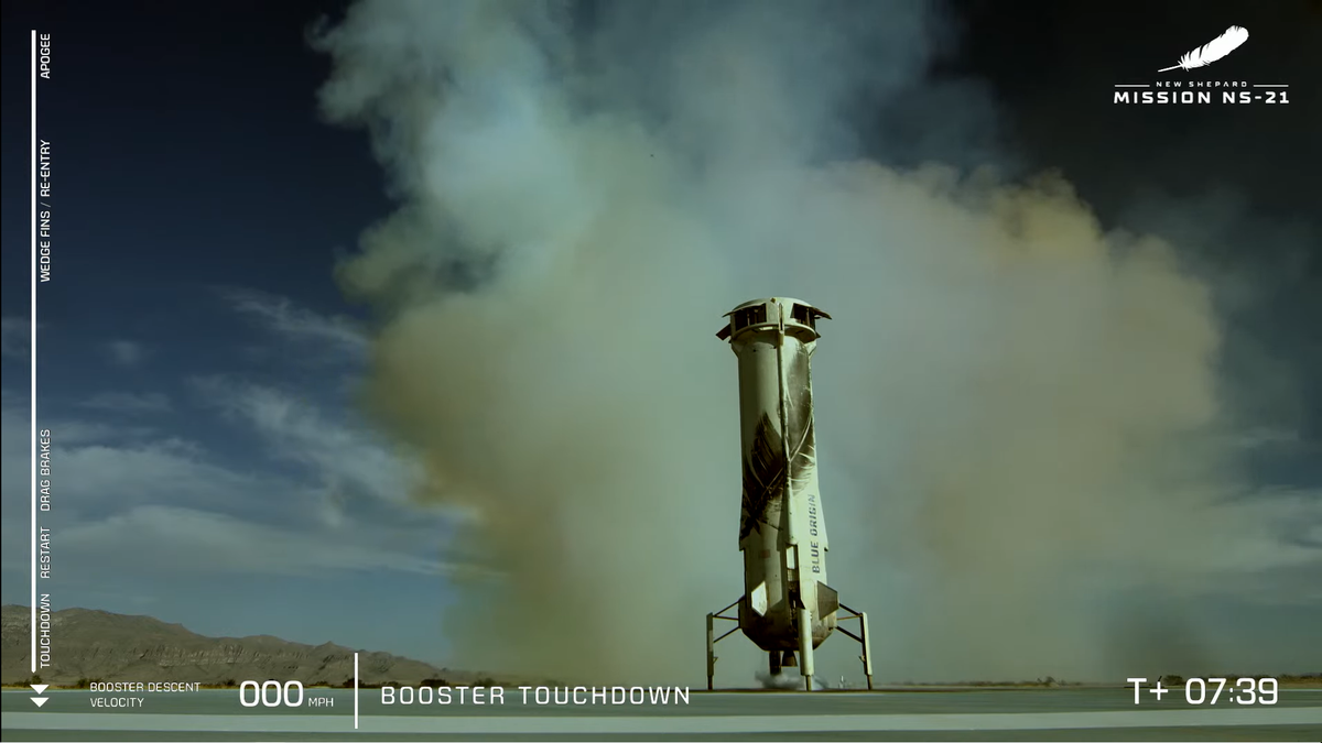 The booster of the NS-21 mission after touching down on June 4, 2022.