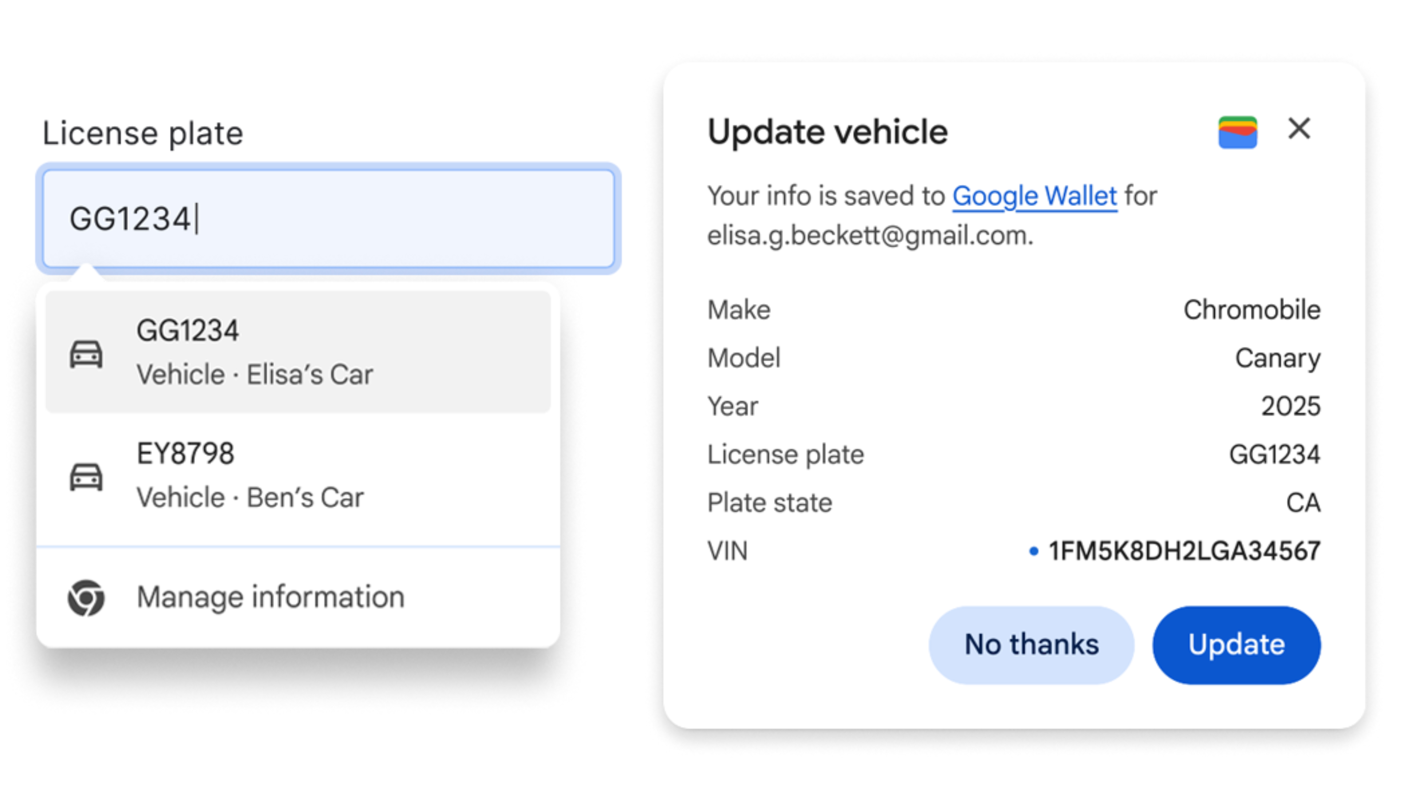 Chrome&#039;s enhanced autofill features being used to book flights and enter vehicle information.