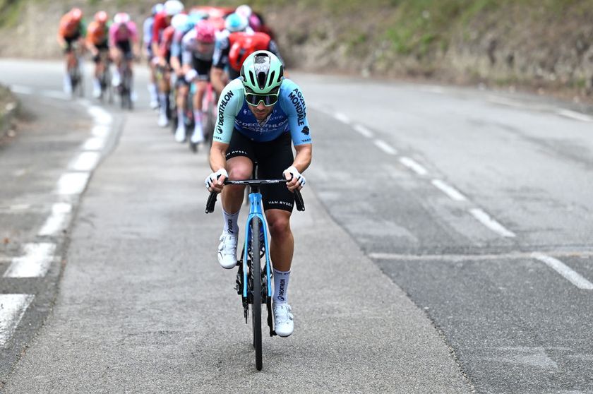 VENCE FRANCE FEBRUARY 23 Andrea Vendrame of Italy and Team Decathlon AG2R La Mondiale attacks during the 57th Tour des Alpes Maritimes et du Var 2025 Stage 2 a 1318km stage from VillefranchesurMer to Vence 327m on February 23 2025 in Vence France Photo by Billy CeustersGetty Images