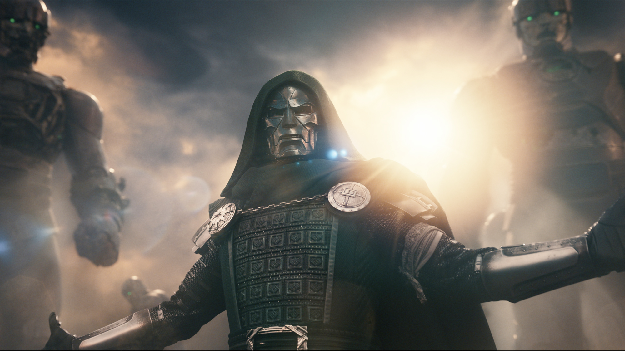 Doctor Doom holding up his arms as he raises two Sentinels in Avengers: Doomsday