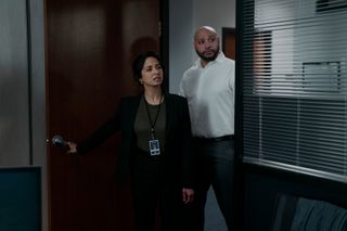 (L to R) Aarti Mann as Violet Ebner and Colton Dunn as Lester Kitchens