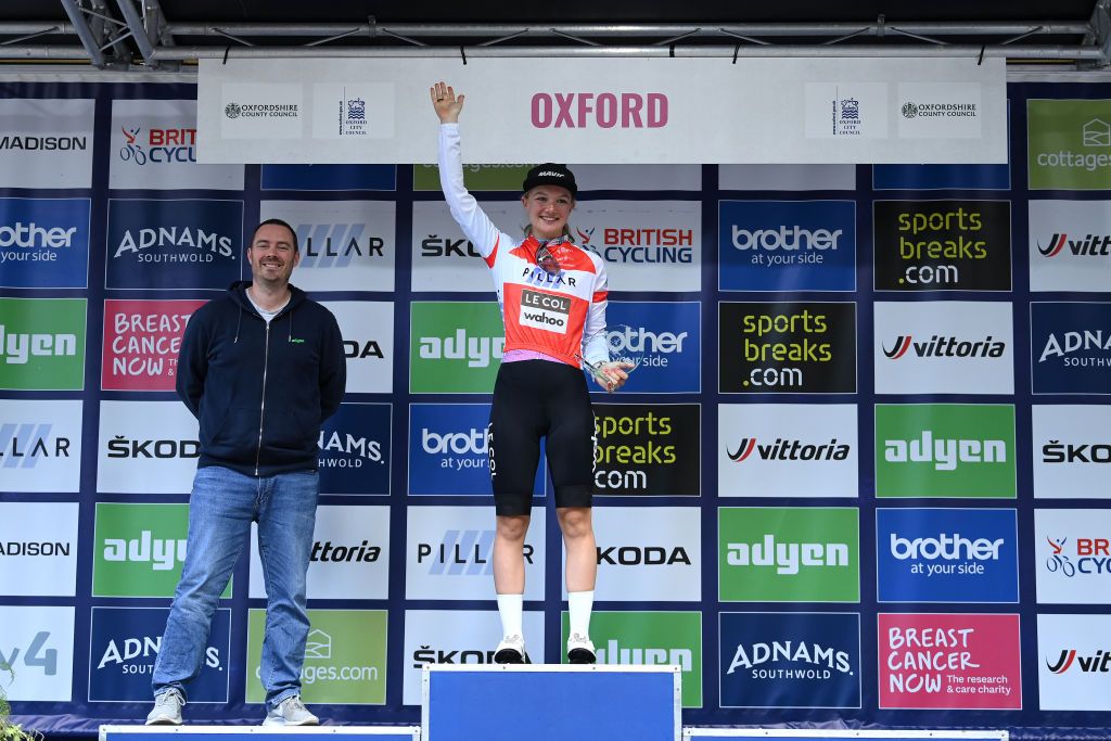 OXFORD ENGLAND JUNE 11 Maike Van Der Duin of Netherlands and Team Le Col Wahoo red sprints leader celebrates at podium after the 8th The Womens Tour 2022 Stage 6 a 1429km stage from Chipping Norton to Oxford WomensTour UCIWWT on June 11 2022 in Oxford England Photo by Justin SetterfieldGetty Images