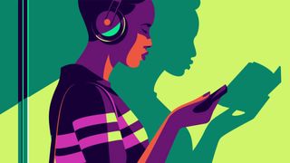 An illustration of a woman reading a book with headphones on