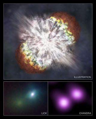  The supernova SN 2006gy was the brightest and most energetic stellar explosion ever recorded when it was discovered in 2006. At top, an artist's illustration shows how SN 2006gy may have appeared at a close distance. The bottom left panel is an infrared image by the Lick Observatory of NGC 1260, the galaxy containing SN 2006gy. The panel to the right shows an X-ray image of the same field of view captured by NASA’s Chandra X-ray Observatory.