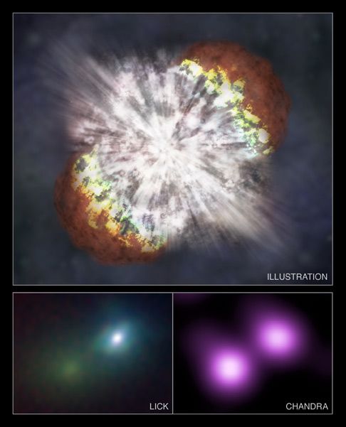  The supernova SN 2006gy was the brightest and most energetic stellar explosion ever recorded when it was discovered in 2006. At top, an artist&#039;s illustration shows how SN 2006gy may have appeared at a close distance. The bottom left panel is an infrared image by the Lick Observatory of NGC 1260, the galaxy containing SN 2006gy. The panel to the right shows an X-ray image of the same field of view captured by NASA’s Chandra X-ray Observatory.