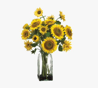 Artificial sunflower arrangement in vase.