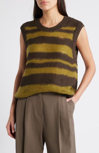 Stripe Distressed Linen Blend Sweater Vest