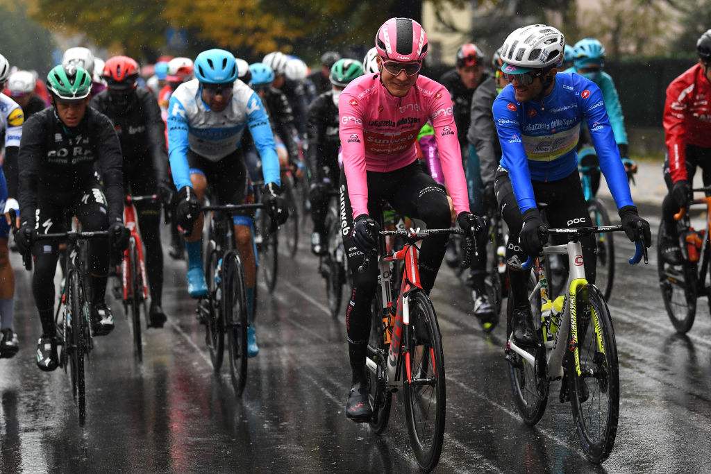 ASTI ITALY OCTOBER 23 Wilco Kelderman of The Netherlands and Team Sunweb Pink Leader Jersey Ruben Guerreiro of Portugal and Team EF Pro Cycling Blue Mountain Jersey during the 103rd Giro dItalia 2020 Stage 19 a 258km stage from Morbegno to Asti girodiitalia Giro on October 23 2020 in Asti Italy Photo by Tim de WaeleGetty Images