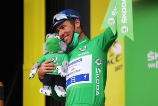 Mark Cavendish on the podium of the Tour de France after stage 10