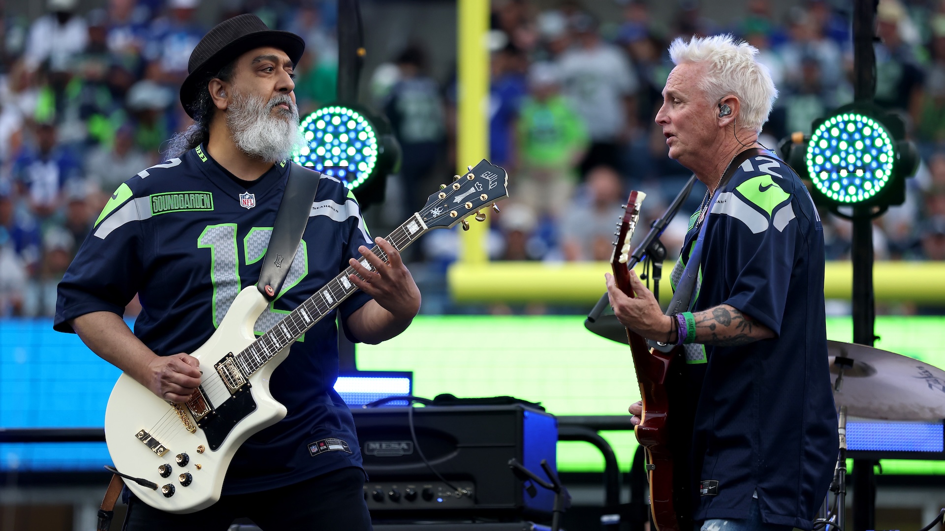 Kim Thayil of Soundgarden and Mike McCready perform during halftime in the game between the Seattle Seahawks and the New England Patriots at Lumen Field on September 09, 2026 in Seattle, Washington