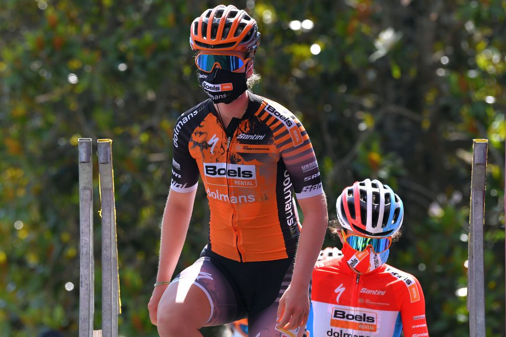 SIENA ITALY AUGUST 01 Start Lonneke Uneken of The Netherlands and Boels Dolmans Cyclingteam Covid Safe measures Team Presentation during the Eroica 6th Strade Bianche 2020 Women Elite a 136km race from Siena to Siena Piazza del Campo StradeBianche on August 01 2020 in Siena Italy Photo by Luc ClaessenGetty Images