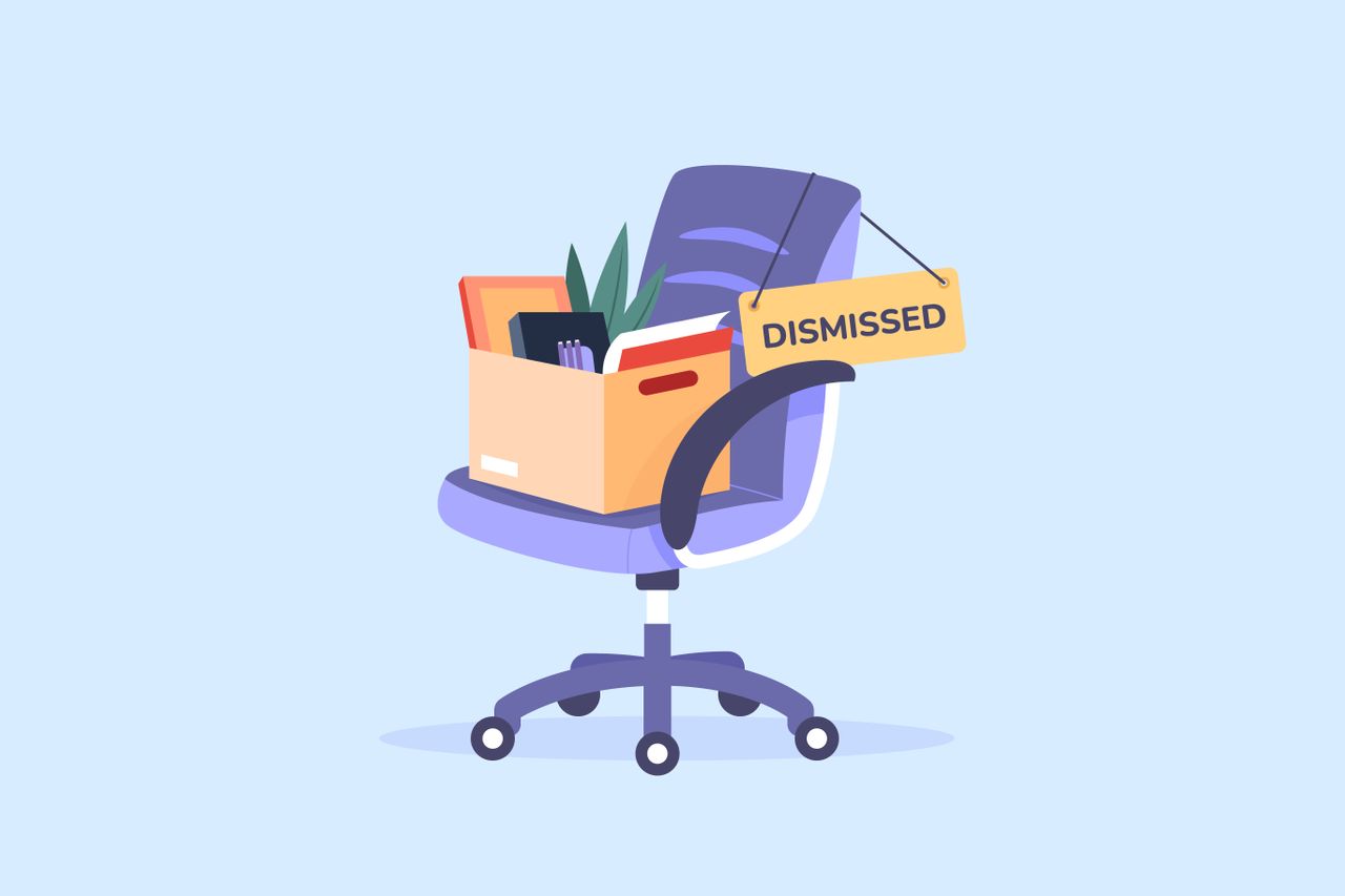 An illustrated image of an office chair covered in a &amp;#039;dismissed&amp;#039; sign