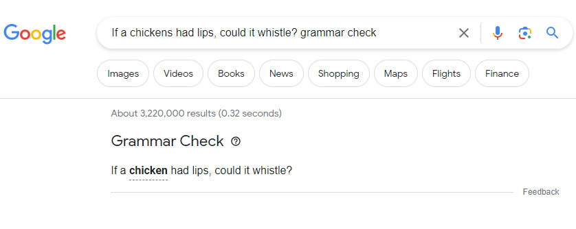 Exemplo de verificação gramatical da Pesquisa Google