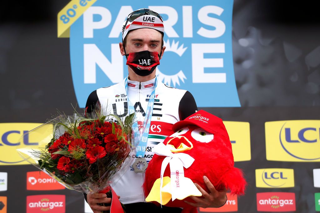 SAINTSAUVEURDEMONTAGUT FRANCE MARCH 10 Brandon Mcnulty of United States and UAE Team Emirates celebrates at podium as stage winner during the 80th Paris Nice 2022 Stage 5 a 189km stage from SaintJustSaintRambert to SaintSauveurdeMontagut on ParisNice WorldTour March 10 2022 in SaintSauveurdeMontagut France Photo by Bas CzerwinskiGetty Images
