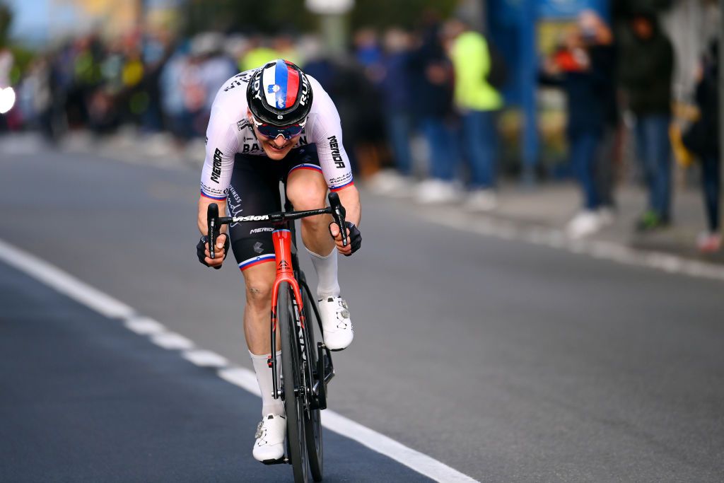 SANREMO ITALY MARCH 19 Matej Mohoric of Slovenia and Team Bahrain Victorious competes in the breakaway during the 113th MilanoSanremo 2022 a 293km one day race from Milano to Sanremo MilanoSanremo on March 19 2022 in Sanremo Italy Photo by Tim de WaeleGetty Images