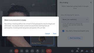 A pop-up that appears before starting a Google Meet recording, telling you to disclose to other attendees that you're starting a recording.