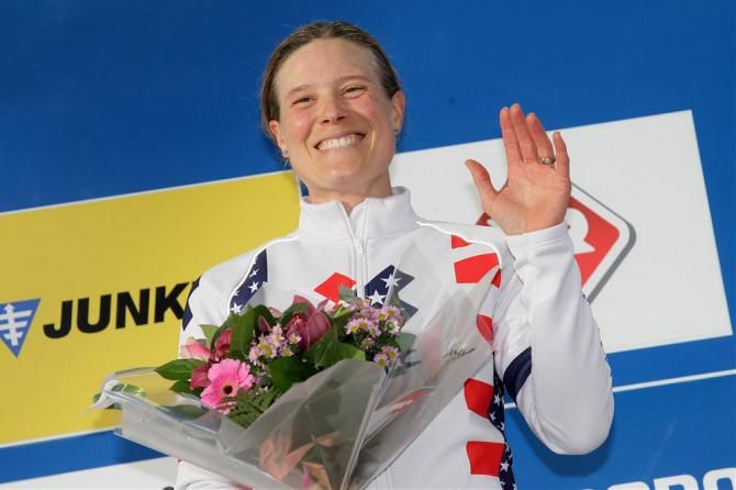 All smiles for Katie Compton (Trek Cyclocross Collective) as she celebrates her 20th career World Cup victory at Heusden-Zolder, Belgium.