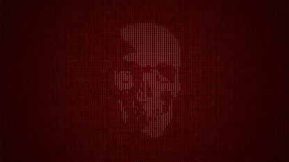 Concept image symbolizing living off the land attacks showing a faint skull symbol blending into computer source code.
