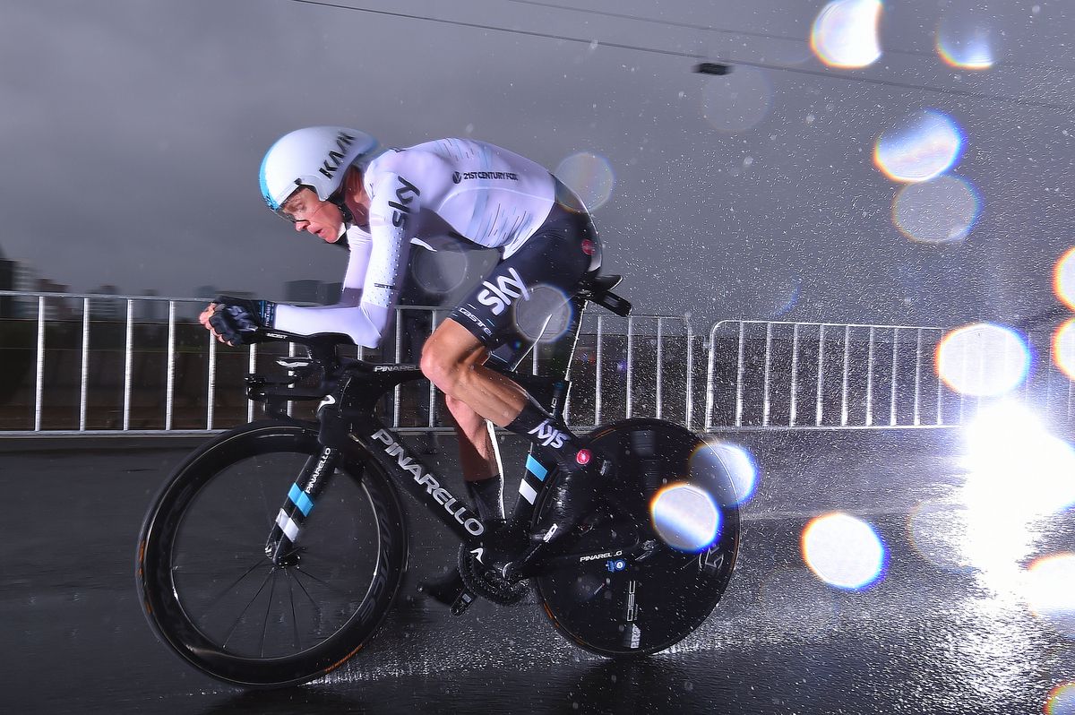 Chris Froome (Team Sky) riding through the rain