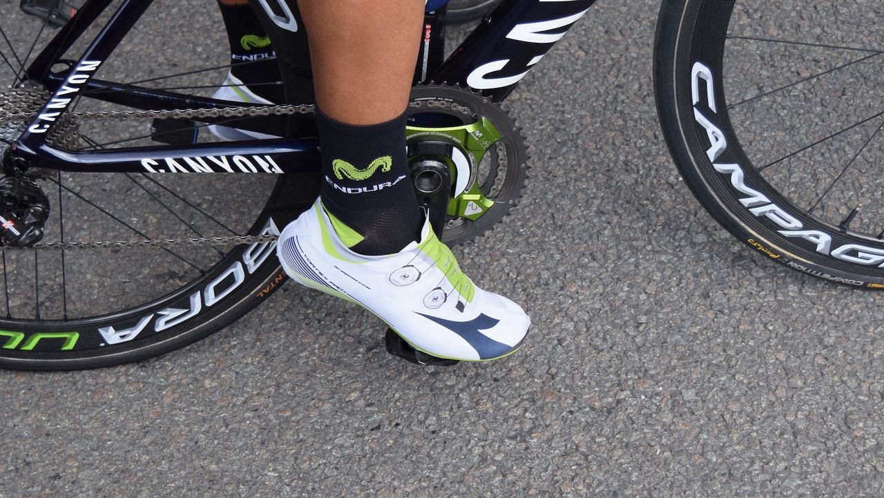 Movistar Team are partnered with Diadora footwear, although most of the team opt for the branded overshoes versus Diadora's offerings