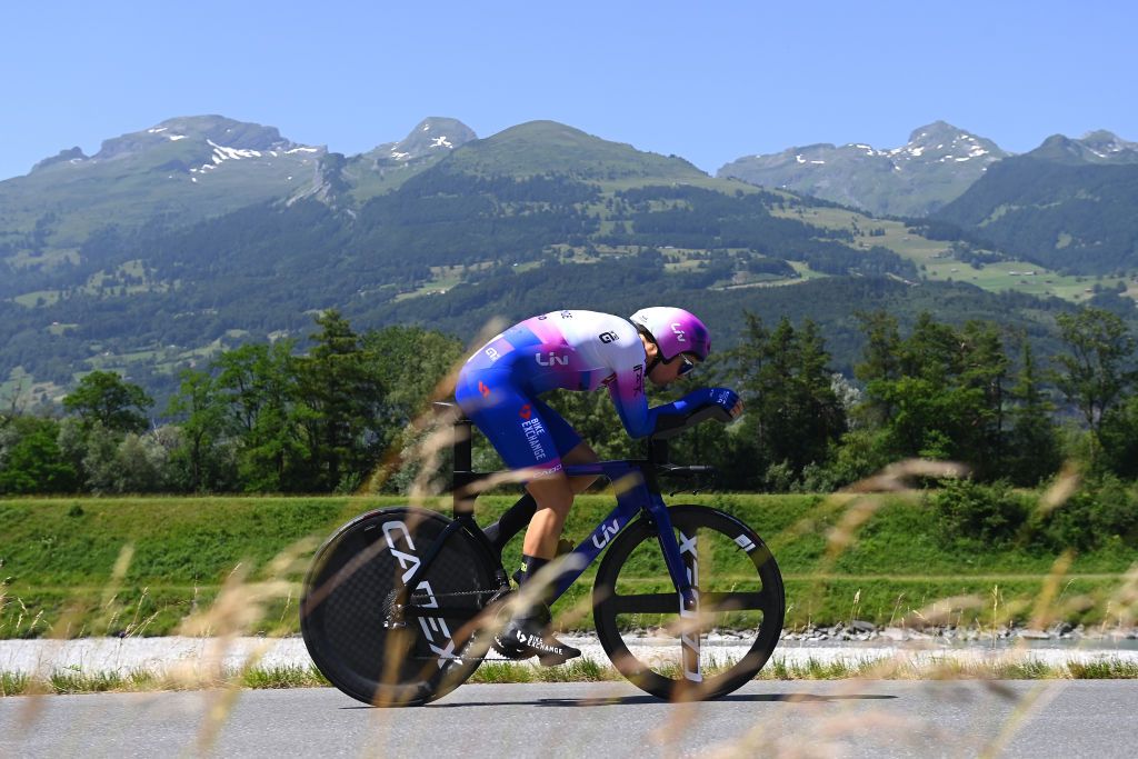 VADUZ SWITZERLAND JUNE 19 Georgia Baker of Australia and Team BikeExchange Jayco sprints during the 2nd Tour de Suisse Women 2022 Stage 2 a 256km individual time trial stage from Vaduz to Vaduz ITT ourdesuisse2022 on June 19 2022 in Vaduz Switzerland Photo by Tim de WaeleGetty Images