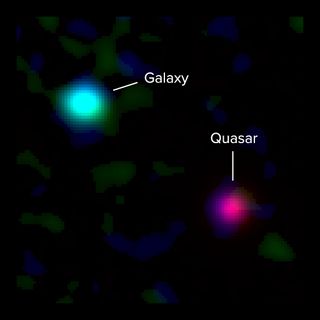 A background quasar 12.5 billion light-years away from Earth shines near a young Milky Way-like galaxy 12 billion light-years away in this image that combines infrared observations from ALMA and optical observations from the Keck Observatory. ALMA spotted the galaxy's ionized carbon (green) and dusty star-forming disk (blue), and the color of the quasar indicates it's shining through a massive halo of gas — extending much further from the galaxy than the galaxies' star-forming dust.
