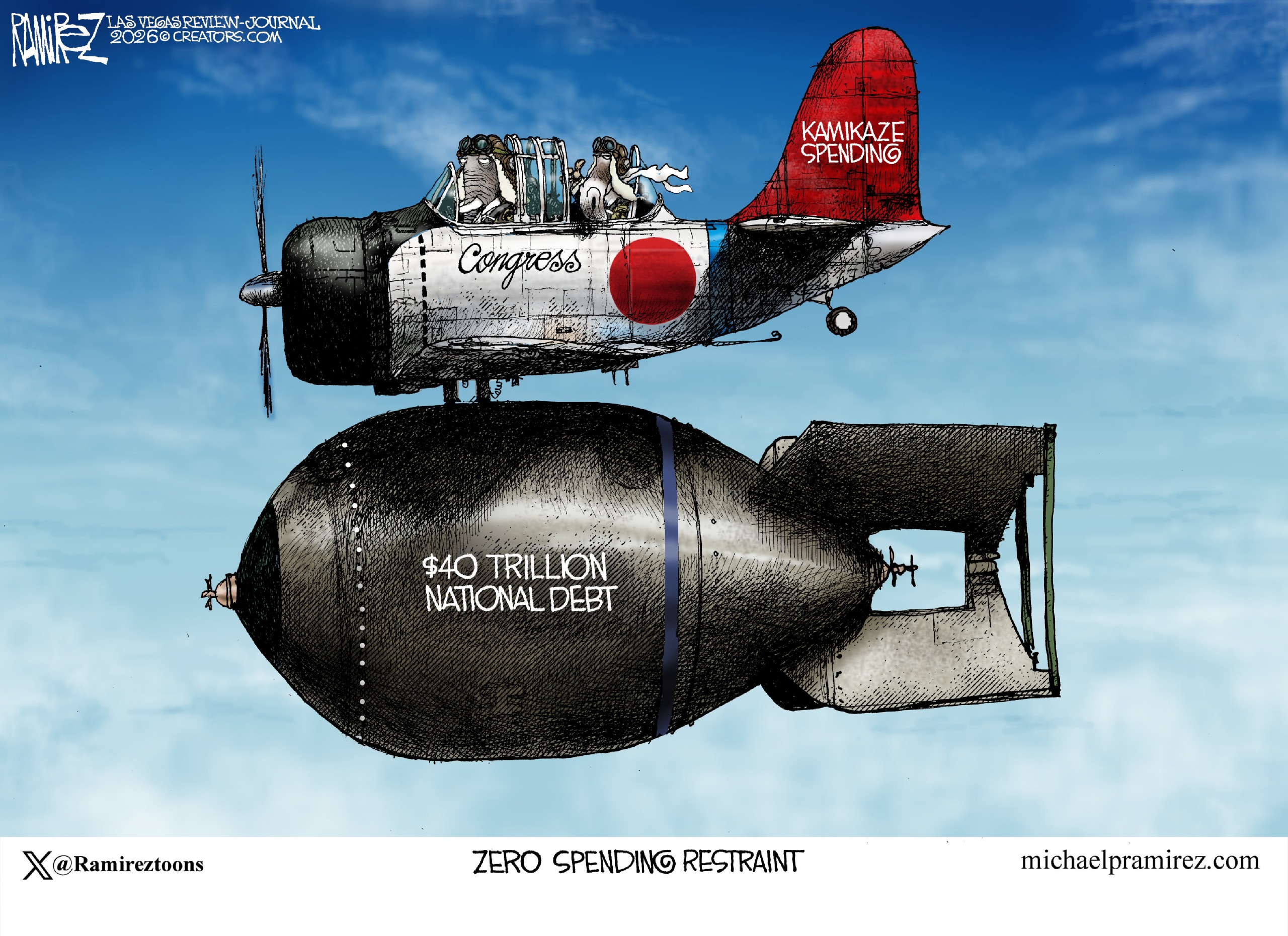 This cartoon is titled "Zero Spending Restraint". It depicts a propeller plane carrying a giant bomb labeled "$40 trillion national debt." The plane is labeled "Congress" and "Kamikaze spending".