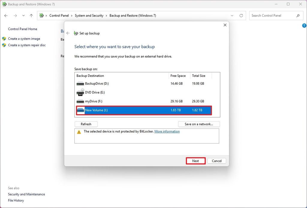 Choose backup destination