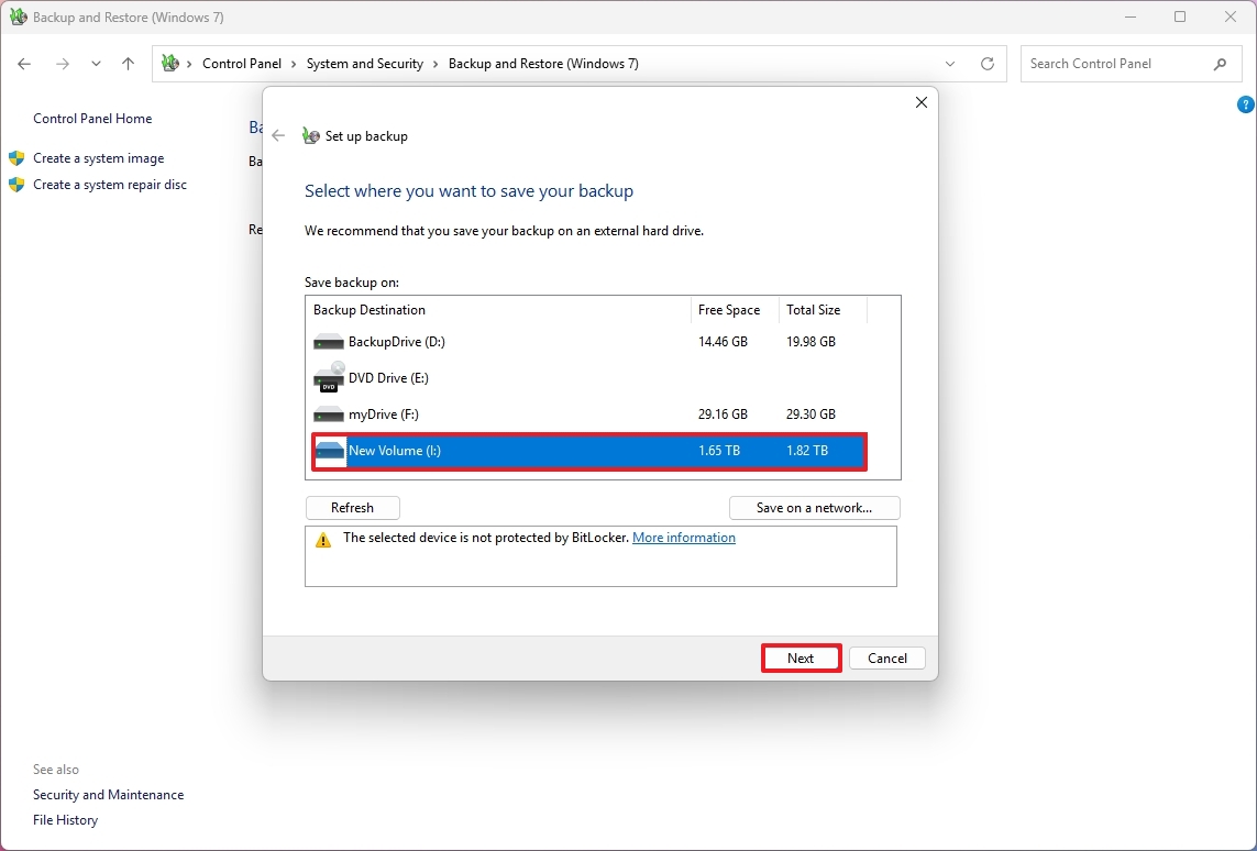 Choose backup destination